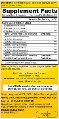 المكملات الغذائية، البروبيوتيك، استقرت البروبيوتيك Renew Life, Extra Care, Ultimate Flora Probiotic, 50 Billion, 90 Vegetable Capsules