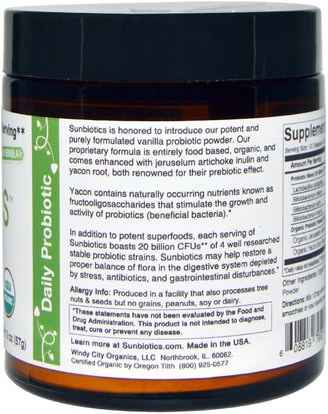 المكملات الغذائية، البروبيوتيك، استقرت البروبيوتيك Sunbiotics, Potent Probiotics with Organic Prebiotics Powder, Vanilla, 2 oz (57 g)