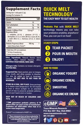 المكملات الغذائية، البروبيوتيك Trace Minerals Research, Probiotic Pak, Quick Melt, Vanilla, 15 Stick Packs, 1.69 oz (48 g)