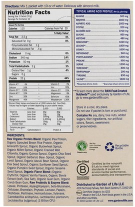 والمكملات الغذائية، والبروتين Garden of Life, Raw Organic Protein, Organic Plant Formula, Vanilla, 10 Packets, 1.1 oz (31 g) Each