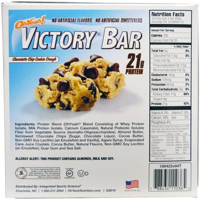 والمكملات الغذائية، والبروتين Oh Yeah!, Victory Bar, Chocolate Chip Cookie Dough, 12 Bars, 2.29 oz (65 g) Each