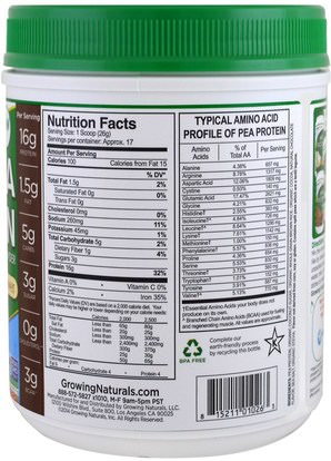 المكملات الغذائية، البروتين، بروتين البازلاء Growing Naturals, Pea Protein, Chocolate Power, 15.8 oz (449 g)
