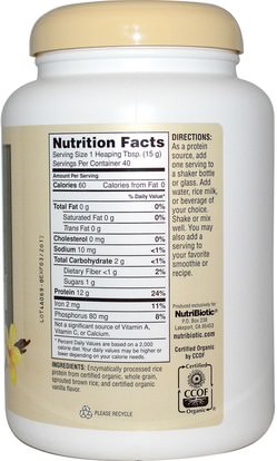 المكملات الغذائية، البروتين، مسحوق بروتين الأرز NutriBiotic, Raw Organic Rice Protein, Vanilla, 1 lb 5 oz (600 g)
