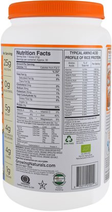 المكملات الغذائية، البروتين، مسحوق بروتين الأرز، بروتين الأرز Growing Naturals, Organic Rice Protein, Brown Rice Protein Powder, Vanilla Blast, 32.8 oz (930 g)