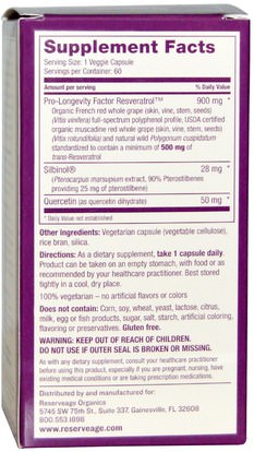 المكملات الغذائية، بتيروستيلبين، ريسفيراترول ReserveAge Nutrition, Resveratrol With All-Natural Pterostilbene, 500 mg, 60 Veggie Caps