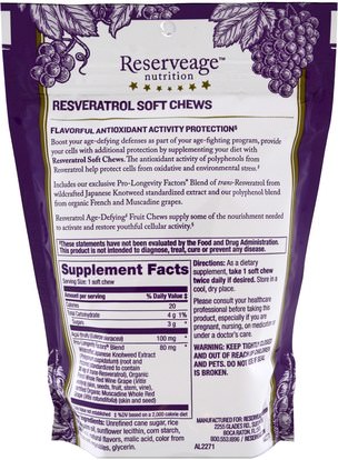 المكملات الغذائية، ريسفيراترول، مكافحة الشيخوخة ReserveAge Nutrition, Resveratrol Chews, Bordeaux Berry, 30 Soft Chews
