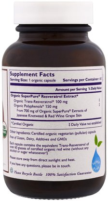 المكملات الغذائية، ريسفيراترول، مكافحة الشيخوخة The Synergy Company, Pure Synergy, Organic Super Pure Resveratrol Organic Extract, 60 Organic Veggie Caps