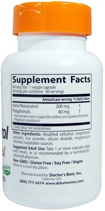 المكملات الغذائية، ريسفيراترول Doctors Best, Trans-Resveratrol 200, 200 mg, 60 Veggie Caps