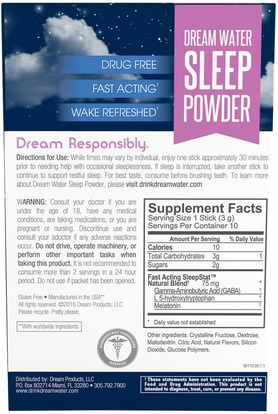 والمكملات الغذائية، والنوم Dream Water, Sleep Powder, Snoozeberry, 10 Sticks, 3 g Each