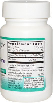 والمكملات الغذائية، والنوم، الميلاتونين Nutricology, Melatonin, 20 mg, 60 Veggie Caps
