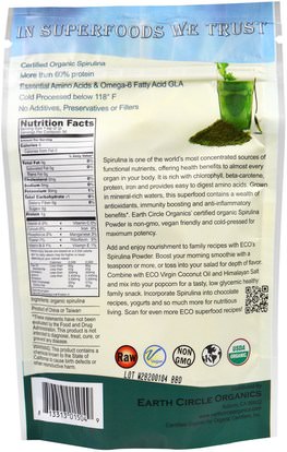 المكملات الغذائية، سبيرولينا Earth Circle Organics, Raw Organic Spirulina Powder, 4 oz (113 g)