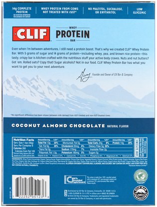 والملاحق، والرياضة، والحانات البروتين Clif Bar, Whey Protein Bar, Coconut Almond Chocolate, 8 Bars, 1.98 oz (56 g) Each