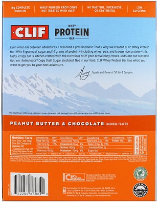 والملاحق، والرياضة، والحانات البروتين Clif Bar, Whey Protein Bar, Peanut Butter & Chocolate, 8 Bars, 1.98 oz (56 g) Each