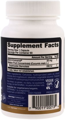 المكملات الغذائية، سوبر أكسيد ديسموتاز سود جليسودين Jarrow Formulas, SuperOxide Dismutase (SOD), 20 mg, 60 Veggie Caps