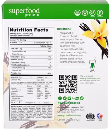المكملات الغذائية، سوبرفوودس، مضادات الأكسدة Ground Based Nutrition, Organic Superfood Protein, Pure Vanilla, 10 Packets, 1.01 oz (285 g) Each