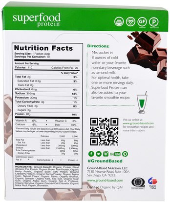 المكملات الغذائية، سوبرفوودس، مضادات الأكسدة Ground Based Nutrition, Organic Superfood Protein, Rich Chocolate, 10 Packets, 1.06 oz (30 g) Each