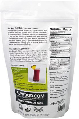 المكملات الغذائية، سوبرفوودس، كلوريلا Sunfood, Nutrient-Rich Chlorella Tablets, 250 mg, 900 Tablets, 8 oz (227 g)