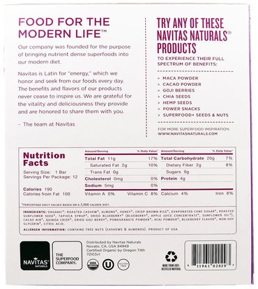المكملات الغذائية، سوبرفوودس، الحانات الغذائية Navitas Organics, Superfood + Goji, Acai Nut Bars, Tangy Berry, 12 Bars, 16.8 oz (480 g)