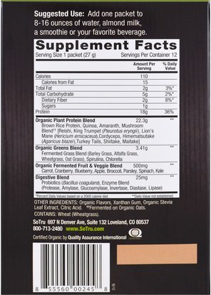والمكملات الغذائية، سوبرفوودس، والبروتين SoTru, Organic Fermented Protein & Greens, Vegan Superfood Shake, 12 Packets, 0.95 oz (27 g) Each