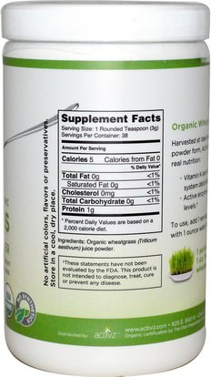المكملات الغذائية، سوبرفوودس، عشب القمح Activz, Organic Wheatgrass Juice Powder, 4 oz (114 g)
