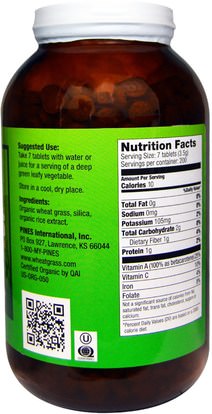 المكملات الغذائية، سوبرفوودس، عشب القمح Pines International, Organic Pines Wheat Grass, 500 mg, 1400 Tablets