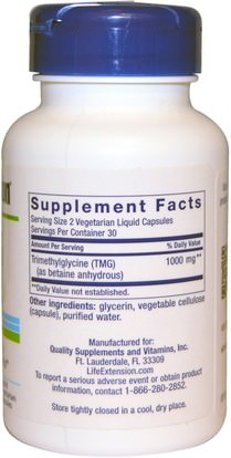 المكملات الغذائية، تمغ (البيتين اللامائية)، والصحة Life Extension, TMG, 500 mg, 60 Liquid Veggie Caps