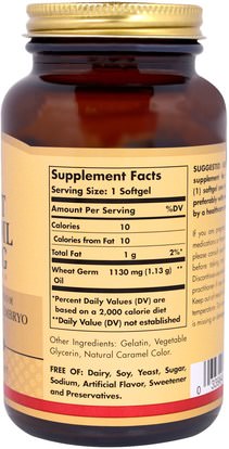 المكملات الغذائية، زيت القمح الجرثومية Solgar, Wheat Germ Oil, 1130 mg, 100 Softgels