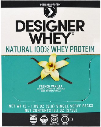 المكملات الغذائية، حانات بروتين مصل اللبن Designer Protein, Designer Whey, Natural 100% Whey Protein, French Vanilla, 12 Packs, 1.09 oz (31 g) Each