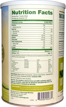المكملات الغذائية، بروتين مصل اللبن ReserveAge Nutrition, Grass-Fed Whey Protein, Vanilla Flavor, 25.4 oz (720 g)