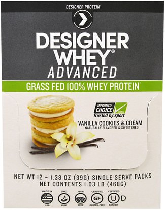 المكملات الغذائية، يهز بروتين مصل اللبن Designer Protein, Designer Whey Advanced, Grass Fed 100% Whey Protein, Vanilla Cookies & Cream, 12 Packs, 1.38 oz (39 g) Each
