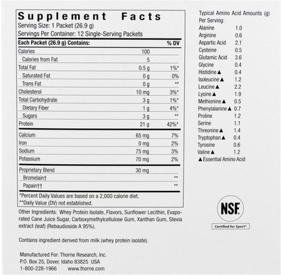 المكملات الغذائية، بروتين مصل اللبن Thorne Research, Whey Protein Isolate, Vanilla Flavored, 12 Single Serving Packets, 26.9 g Each