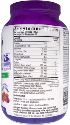المكملات الغذائية، بروتين مصل اللبن، بروتين مصل اللبن أونديناتوريد Bluebonnet Nutrition, Whey Protein Isolate, Natural Mixed Berry Flavor, 2 lbs (924 g)