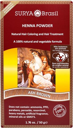 Surya Henna, Henna Powder, Natural Hair Coloring and Hair Treatment, Ash Brown, 1.76 oz (50 g) ,حمام، الجمال، الشعر، فروة الرأس، لون الشعر، العناية بالشعر
