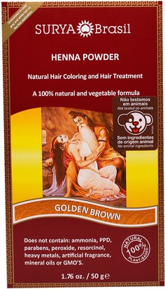 Surya Henna, Henna Powder, Natural Hair Coloring and Hair Treatment, Golden Brown, 1.76 oz (50 g) ,حمام، الجمال، الشعر، فروة الرأس، لون الشعر