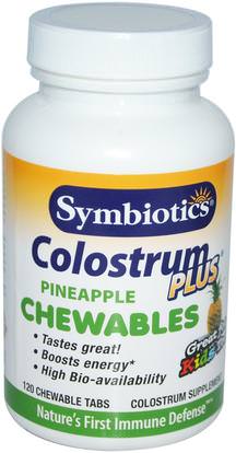 Symbiotics, Colostrum Plus, Chewables, Pineapple Flavor, 120 Chewable Tabs ,المكملات الغذائية، منتجات الأبقار، اللبأ