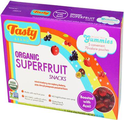 Tasty Brand, Organic Superfruit Snack Gummies, Boosted with Acai, 5 Pouches, 0.8 oz (23 g) Each ,الطعام، الوجبات الخفيفة، الحلوى
