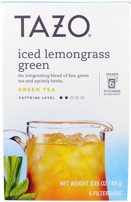 Tazo Teas, Iced Lemongrass Green Tea, 6 Filterbags, 3.15 oz (89 g) ,الطعام، شاي الأعشاب، الشاي المثلج، المكملات الغذائية، مضادات الأكسدة، الشاي الأخضر