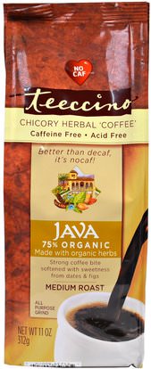 Teeccino, Chicory Herbal Coffee, Java, Medium Roast, Caffeine Free, 11 oz (312 g) ,الطعام، بني اللون، أزال، بني اللون، قهوة العشبية، البديل