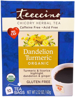Teeccino, Chicory Herbal Tea, Organic Dandelion Turmeric, Caffeine Free, 10 Tea Bags, 2.12 oz (60 g) ,الغذاء، شاي الأعشاب، الهندباء الشاي، الكركم الشاي