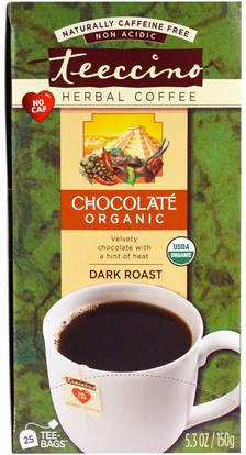 Teeccino, Herbal Coffee, Dark Roast, Organic Chocolate, Caffeine Free, 25 Tee-Bags, 5.3 oz (150 g) ,الطعام، قهوة ديكاف، قهوة، داكن، إشو