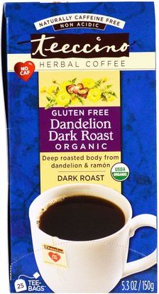 Teeccino, Herbal Coffee, Dark Roast, Organic Dandelion, Caffeine Free, 25 Tee-Bags, 5.3 oz (150 g) ,الطعام، بني اللون داكن، إشو