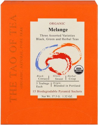 The Tao of Tea, Organic Melange, Three Assorted Varieties, 15 Pyramid Sachets, 1.32 oz (37.5 g) ,المكملات الغذائية، مضادات الأكسدة، الشاي الأخضر، الغذاء، الشاي العشبية