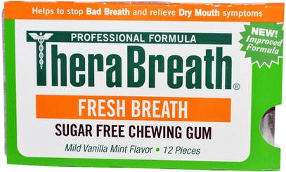 TheraBreath, Fresh Breath, Sugar Free Chewing Gum, Mild Vanilla Mint Flavor, 12 Pieces ,حمام، الجمال، العناية بالأسنان الفم، النعناع الأسنان اللثة، العلكة، إكسيليتول الصمغ الحلوى
