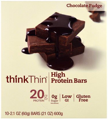ThinkThin, High Protein Bar, Chocolate Fudge, 10 Bars, 2.1 oz (60 g) Each ,الطعام، الوجبات الخفيفة، وجبات خفيفة صحية