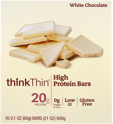 ThinkThin, High Protein Bar, White Chocolate, 10 Bars, 2.1 oz (60 g) Each ,الطعام، الوجبات الخفيفة، وجبات خفيفة صحية