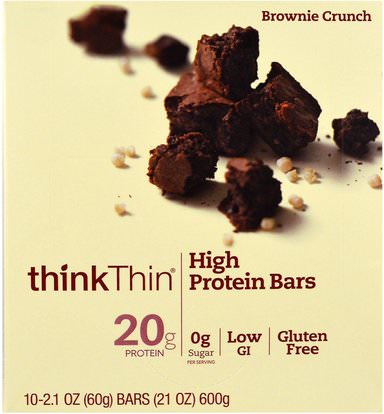 ThinkThin, High Protein Bars, Brownie Crunch, 10 Bars, 21 oz (60 g) Each ,الطعام، الوجبات الخفيفة، وجبات خفيفة صحية
