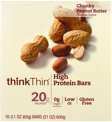 ThinkThin, High Protein Bars, Chunky Peanut Butter, 10 Bars, 21 oz (60 g) Each ,الطعام، الوجبات الخفيفة، وجبات خفيفة صحية