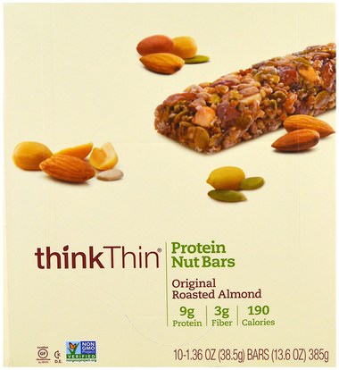 ThinkThin, Protein Nut Bars, Original Roasted Almond, 10 Bars, 13.6 oz (385 g) Each ,الطعام، الوجبات الخفيفة، وجبات خفيفة صحية