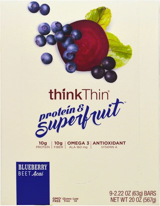 ThinkThin, Protein & Superfruit, Blueberry Beet Acai, 9 Bars, 2.22 oz (63 g) Each ,والوجبات الخفيفة، والوجبات الخفيفة الصحية، والحانات