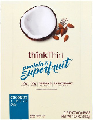 ThinkThin, Protein & Superfruit, Coconut Almond Chia, 9 Bars, 2.19 oz (62 g) Each ,والوجبات الخفيفة، والوجبات الخفيفة الصحية، والحانات